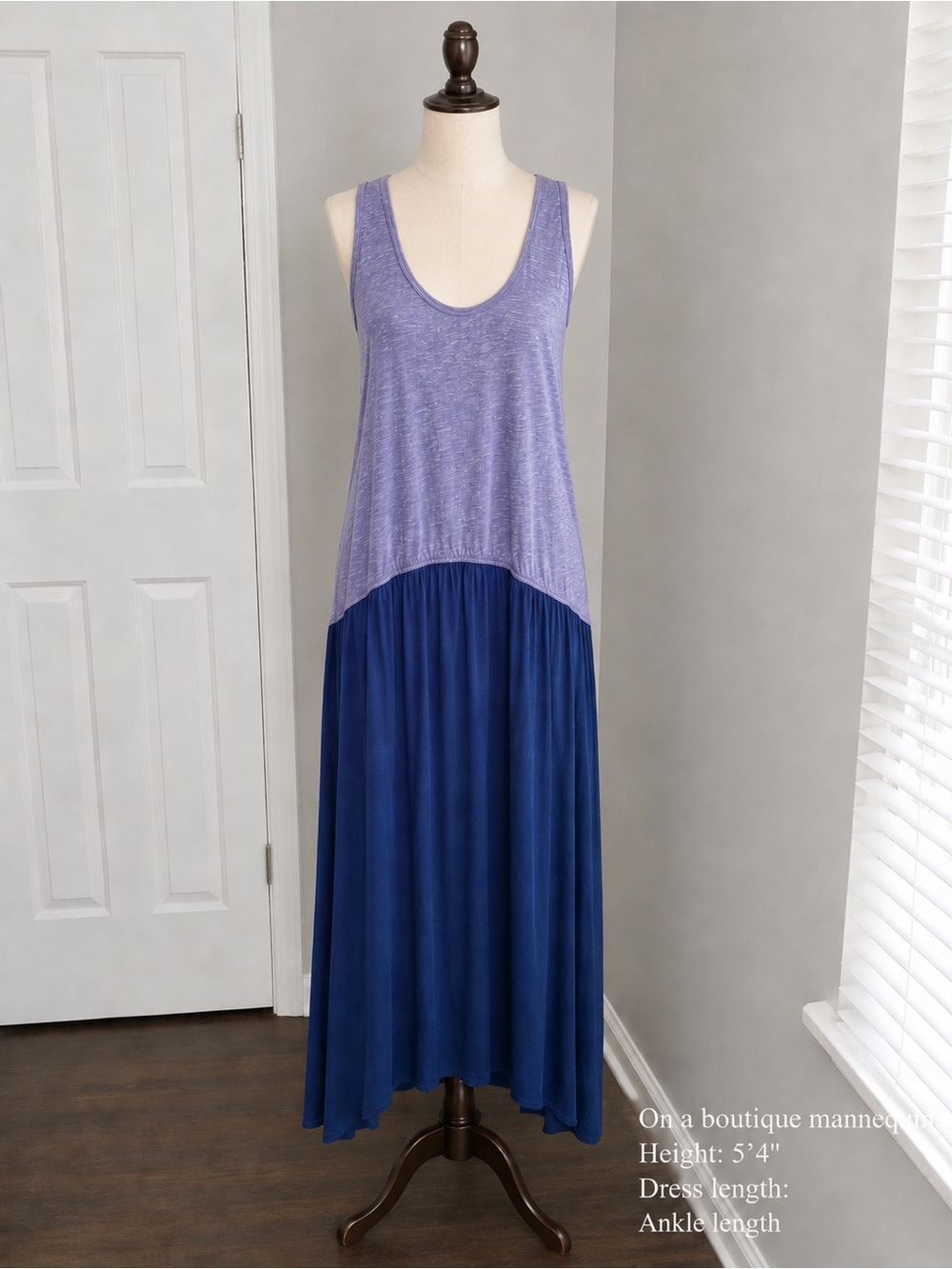 Sleeveless Two-Tone Lavender Top and Royal Blue Maxi Dress